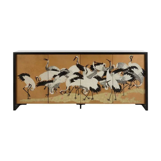Crane Hand Painted Mural Design Black Cabinet - LOOMLAN - Chelsea House - Accent Cabinets