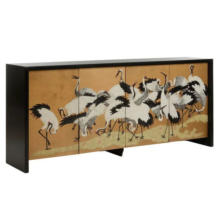 Crane Hand Painted Mural Design Black Cabinet - LOOMLAN - Chelsea House - Accent Cabinets