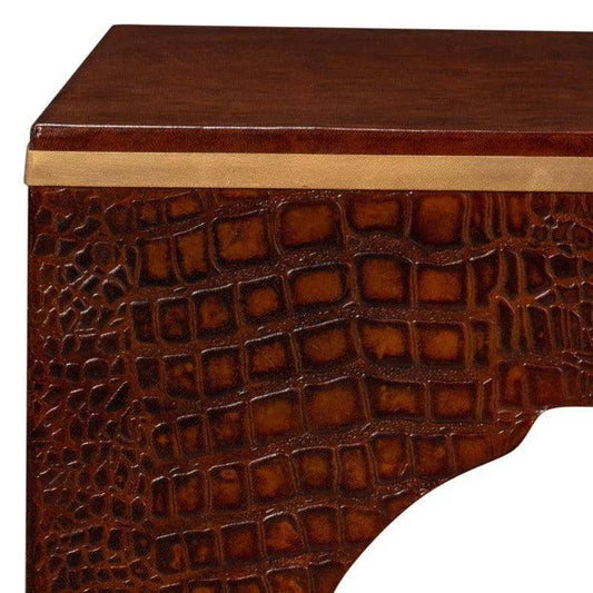 Croco Embossed Burgundy Red Leather Foot Stool - LOOMLAN - Sarreid - Poufs and Stools