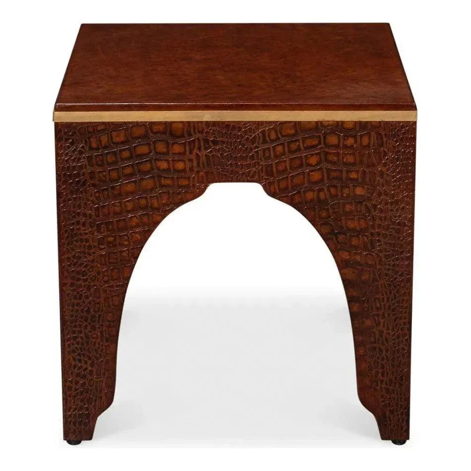 Croco Embossed Burgundy Red Leather Foot Stool - LOOMLAN - Sarreid - Poufs and Stools