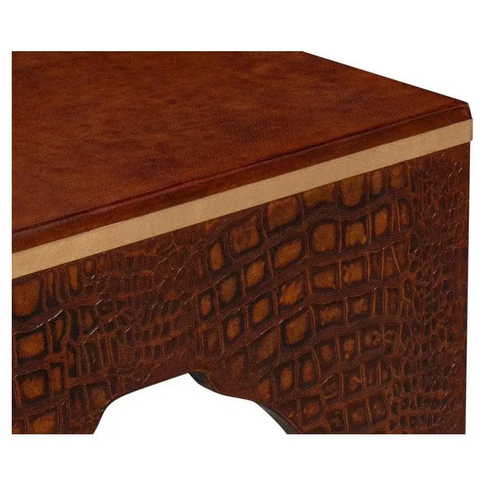 Croco Embossed Burgundy Red Leather Foot Stool - LOOMLAN - Sarreid - Poufs and Stools