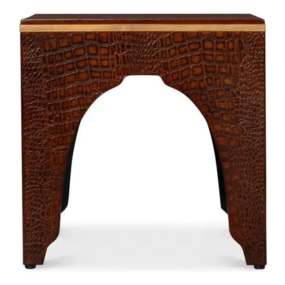 Croco Embossed Burgundy Red Leather Foot Stool - LOOMLAN - Sarreid - Poufs and Stools