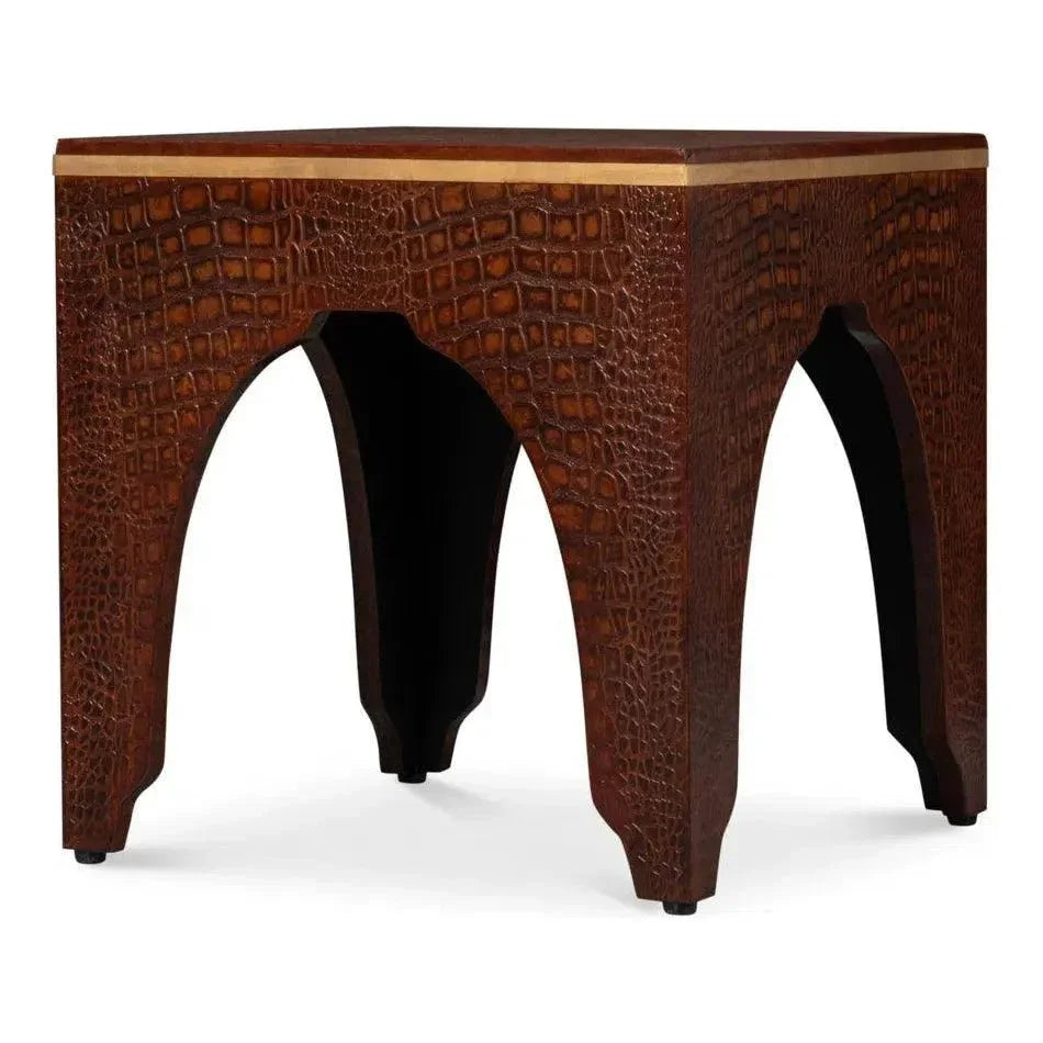 Croco Embossed Burgundy Red Leather Foot Stool - LOOMLAN - Sarreid - Poufs and Stools