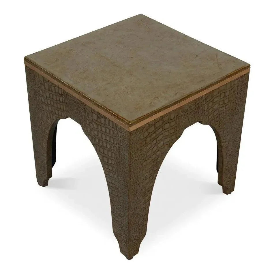 Croco Embossed Leather Brown Stool - LOOMLAN - Sarreid - Poufs and Stools