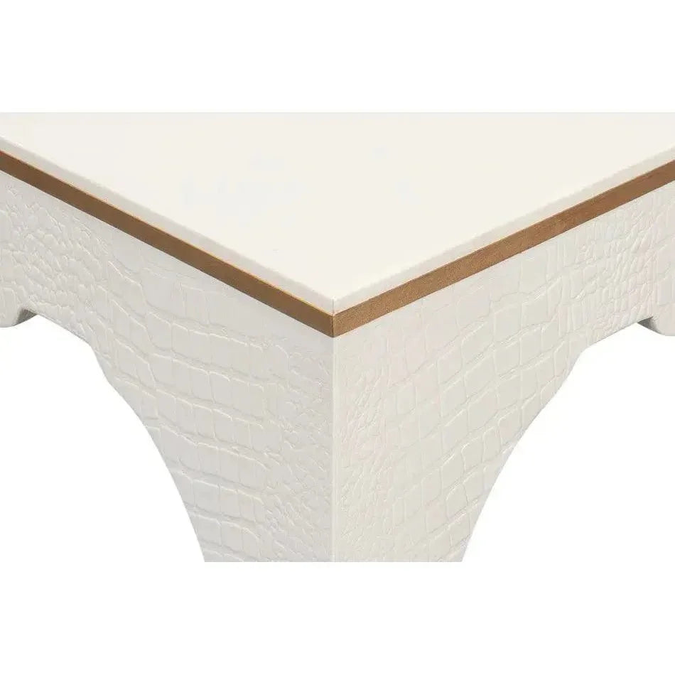 Croco Embossed Leather White Foot Stool - LOOMLAN - Sarreid - Poufs and Stools