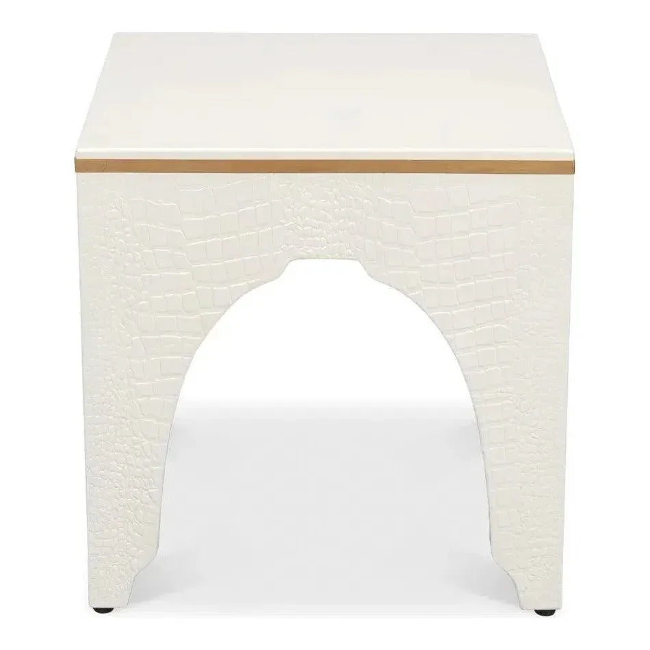Croco Embossed Leather White Foot Stool - LOOMLAN - Sarreid - Poufs and Stools
