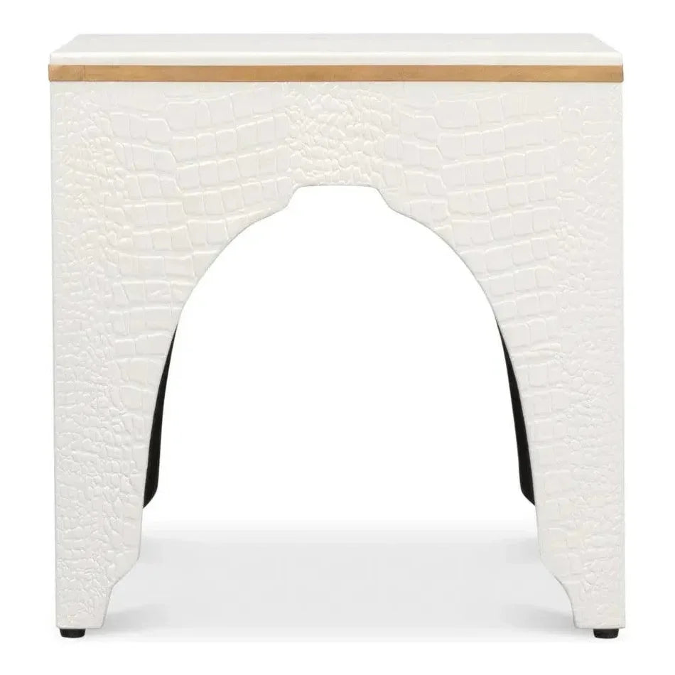 Croco Embossed Leather White Foot Stool - LOOMLAN - Sarreid - Poufs and Stools