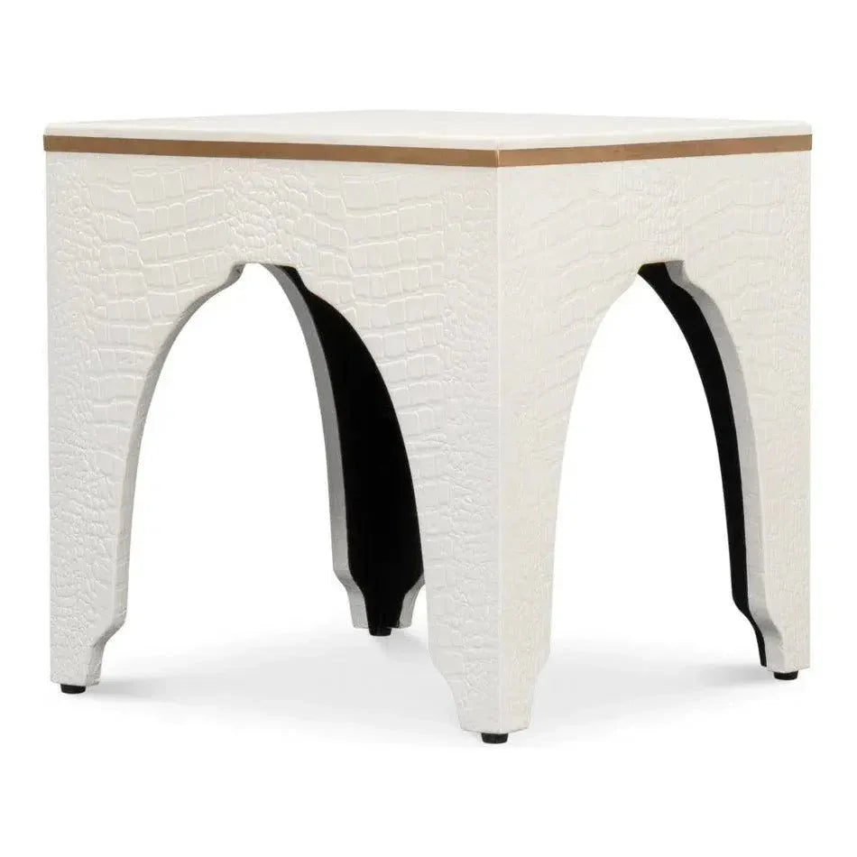 Croco Embossed Leather White Foot Stool - LOOMLAN - Sarreid - Poufs and Stools