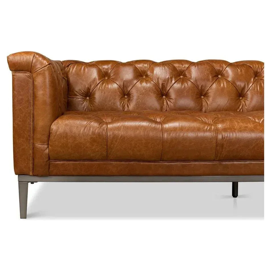 Cuba Brown Leather Chesterfield Bench Seat Couch - LOOMLAN - Sarreid - Sofas & Loveseats