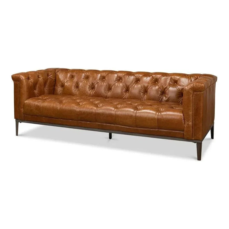Cuba Brown Leather Chesterfield Bench Seat Couch - LOOMLAN - Sarreid - Sofas & Loveseats