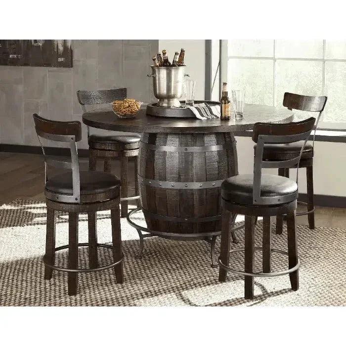 Dark Brown Round Barrel Pub Table Barstools 5 PC Set-Dining Table Sets-Sunny D-LOOMLAN