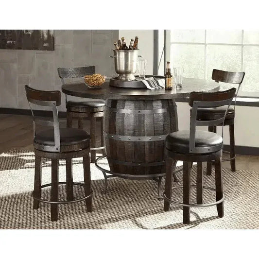 Dark Brown Round Barrel Pub Table Barstools 5 PC Set-Dining Table Sets-Sunny D-LOOMLAN