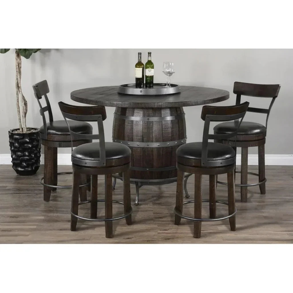 Dark Brown Round Barrel Pub Table Barstools 5 PC Set-Dining Table Sets-Sunny D-LOOMLAN