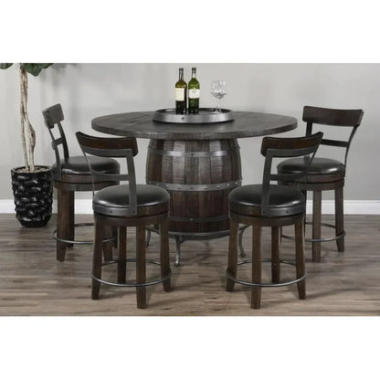 Dark Brown Round Barrel Pub Table Barstools 5 PC Set-Dining Table Sets-Sunny D-LOOMLAN