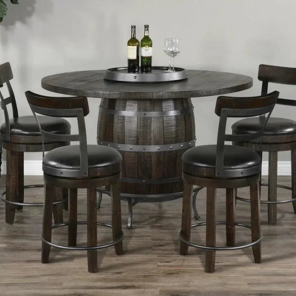 Dark Brown Round Barrel Pub Table Barstools 5 PC Set-Dining Table Sets-Sunny D-LOOMLAN