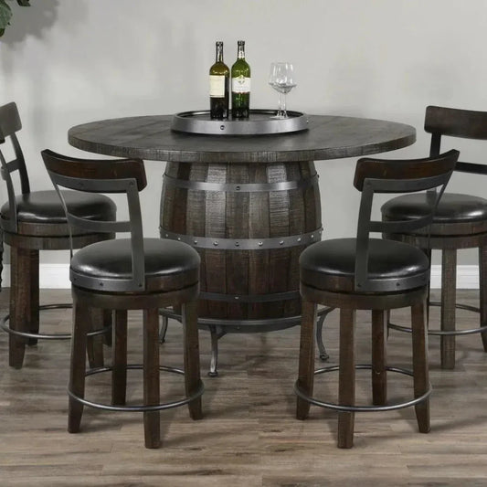 Dark Brown Round Barrel Pub Table Barstools 5 PC Set-Dining Table Sets-Sunny D-LOOMLAN
