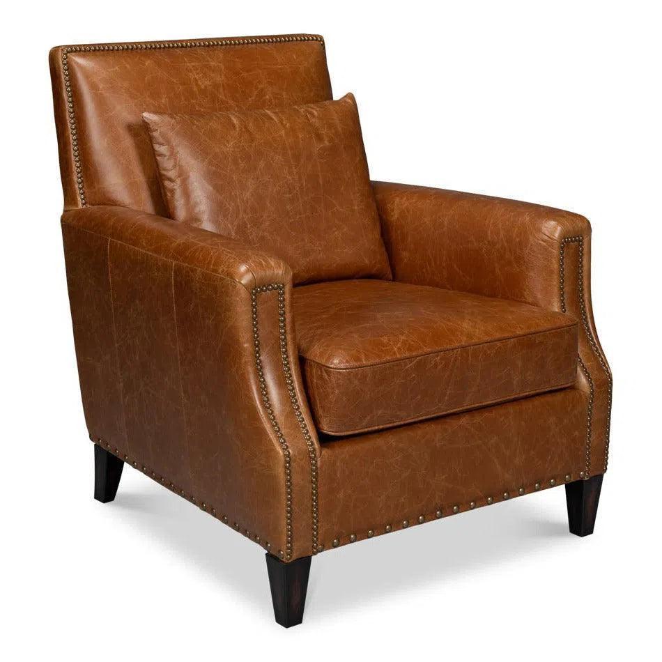 Dimity Distilled Leather & Wood Brown Arm Chair - LOOMLAN - Sarreid - Club Chairs