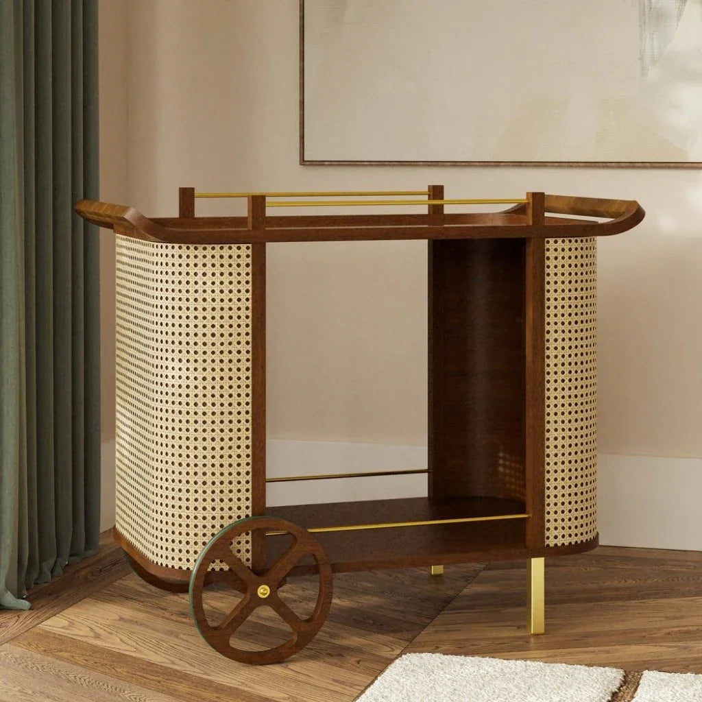 Dinda Wooden Cane Bar Cart-Home Bar Carts-Urbia-LOOMLAN
