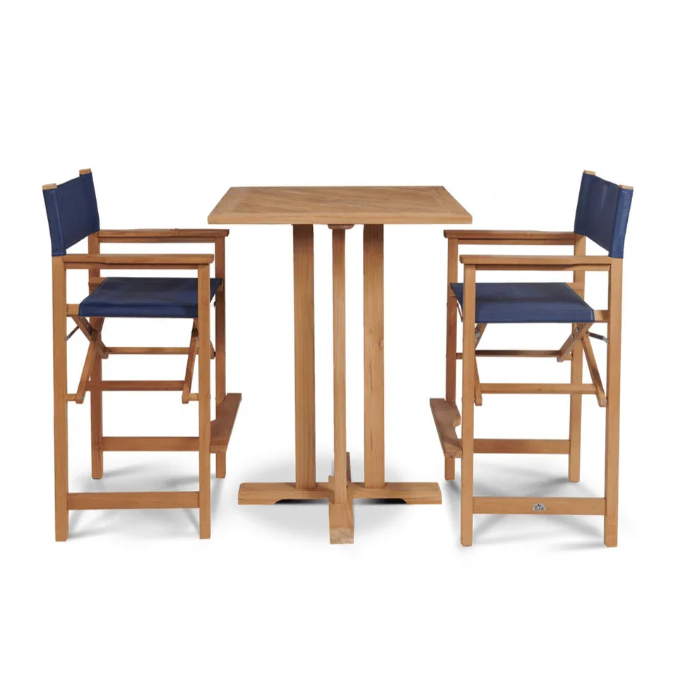 Director Teak Patio Square Bar Height Dining Set 3PC-Outdoor Dining Sets-HiTeak-Blue-LOOMLAN
