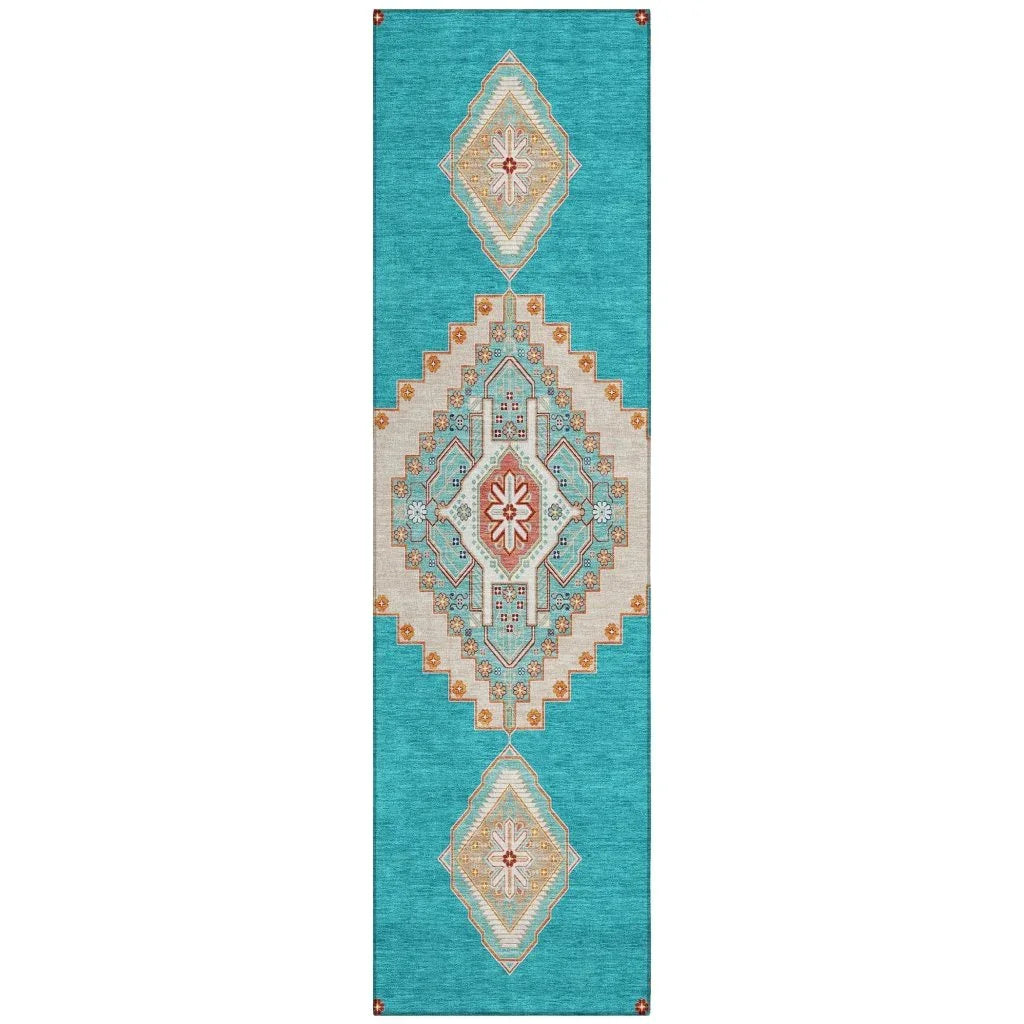 Elira Teal Washable Indoor-Outdoor Rug-Outdoor Rugs-LOOMLAN Rugs-2'3" x 7'6"-LOOMLAN
