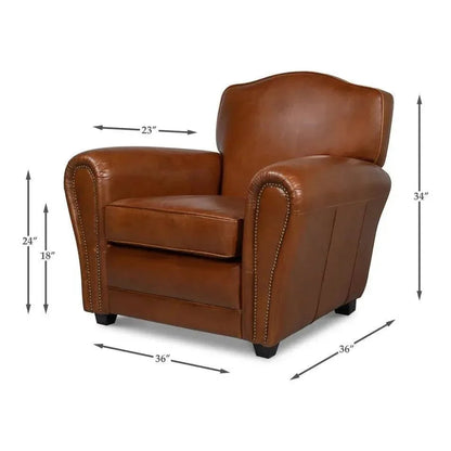 Elite French Brown Leather Club Chair - LOOMLAN - Sarreid - Club Chairs