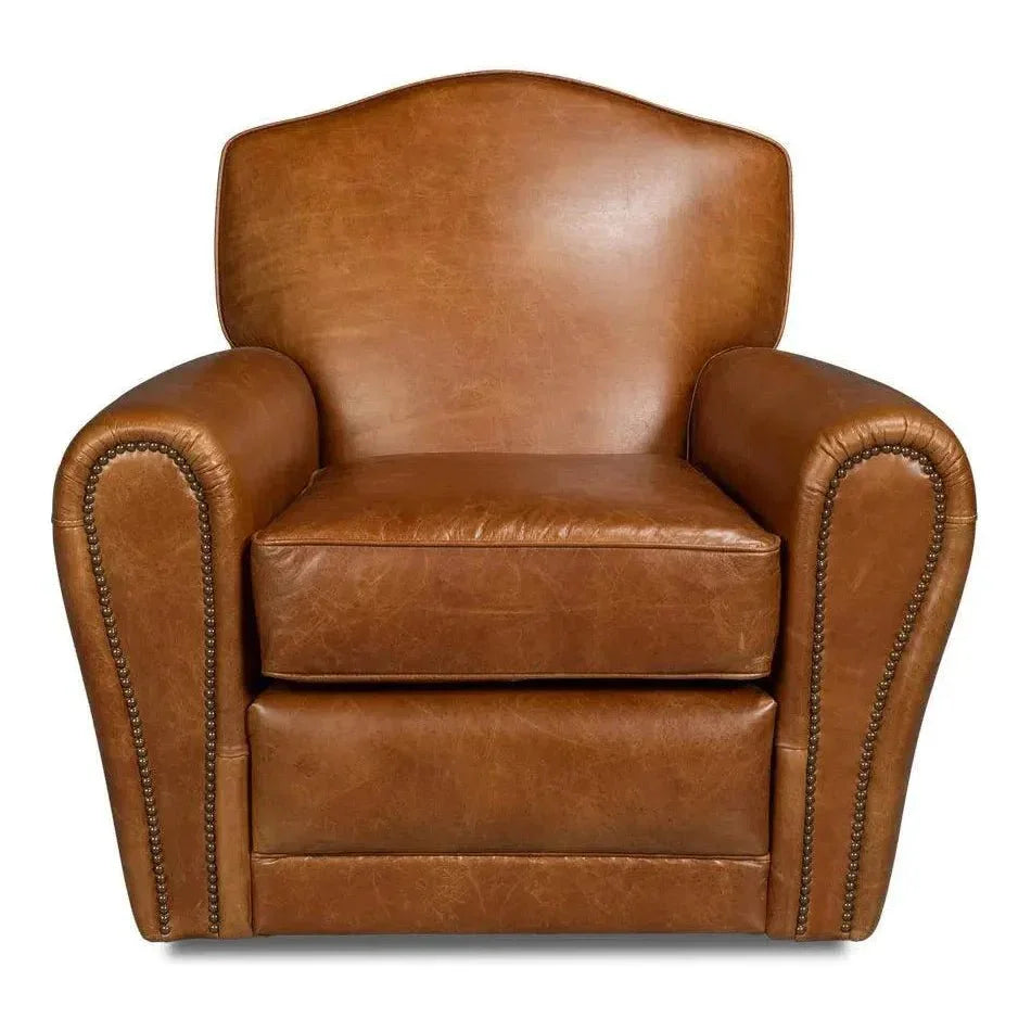 Elite French Leather Brown Club Swivel Arm Chair - LOOMLAN - Sarreid - Club Chairs