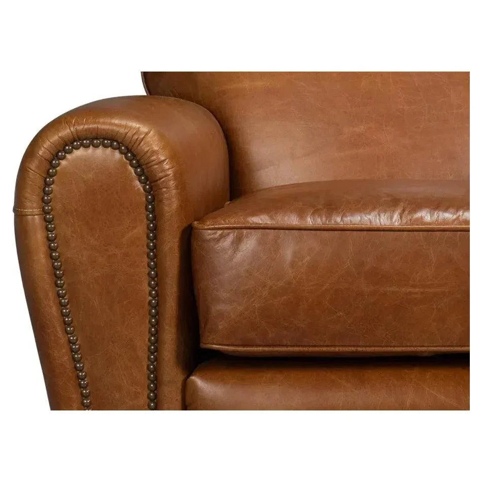 Elite French Leather Brown Club Swivel Arm Chair - LOOMLAN - Sarreid - Club Chairs