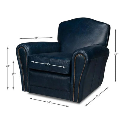 Elite French Metal & Leather Blue Club Swivel Arm Chair - LOOMLAN - Sarreid - Club Chairs