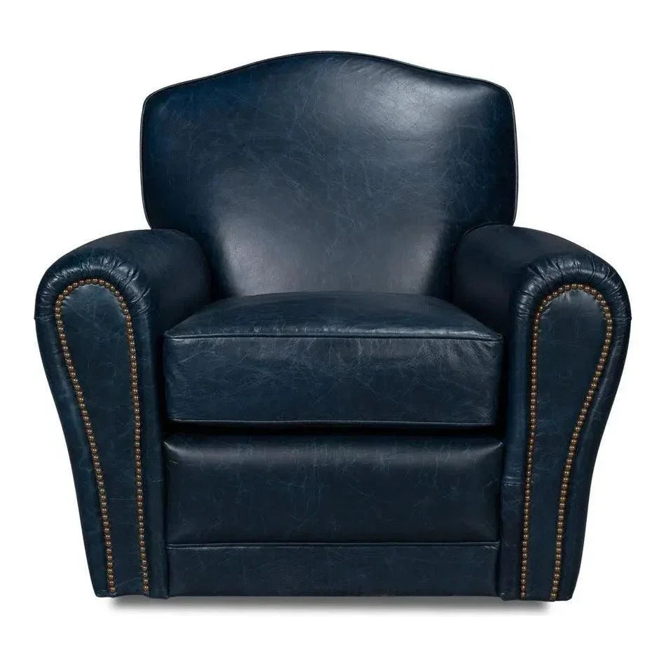 Elite French Metal & Leather Blue Club Swivel Arm Chair - LOOMLAN - Sarreid - Club Chairs