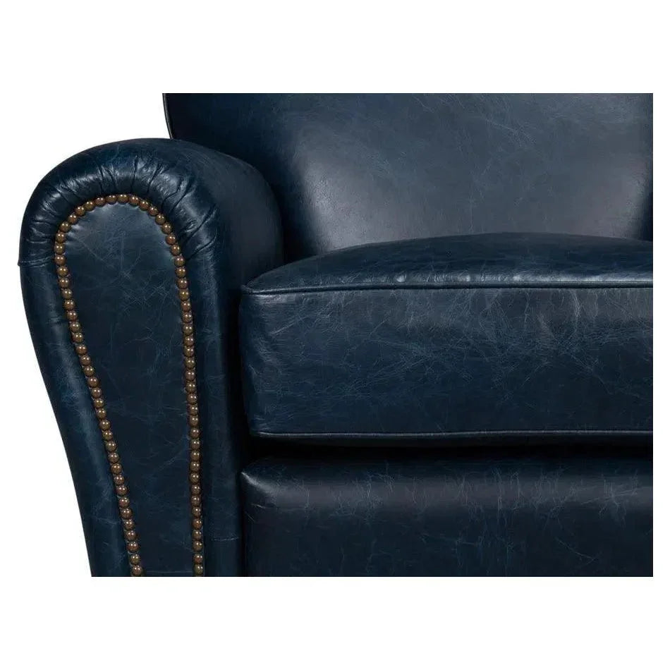 Elite French Metal & Leather Blue Club Swivel Arm Chair - LOOMLAN - Sarreid - Club Chairs