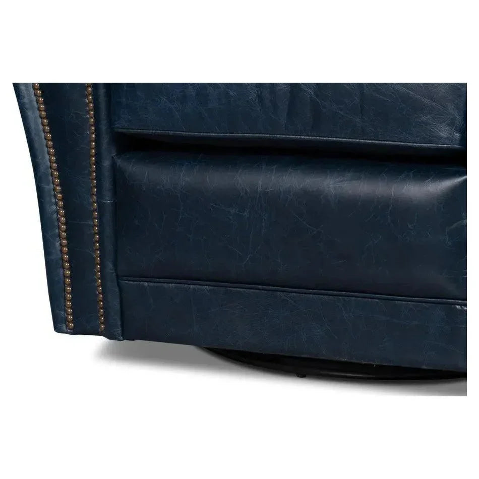 Elite French Metal & Leather Blue Club Swivel Arm Chair - LOOMLAN - Sarreid - Club Chairs