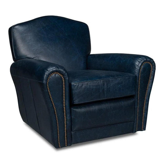Elite French Metal & Leather Blue Club Swivel Arm Chair - LOOMLAN - Sarreid - Club Chairs