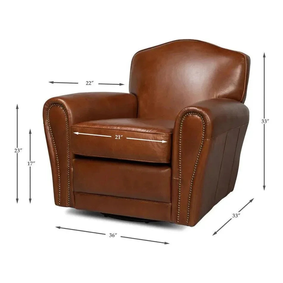 Elite French Swivel Brown Leather Club Chair - LOOMLAN - Sarreid - Club Chairs
