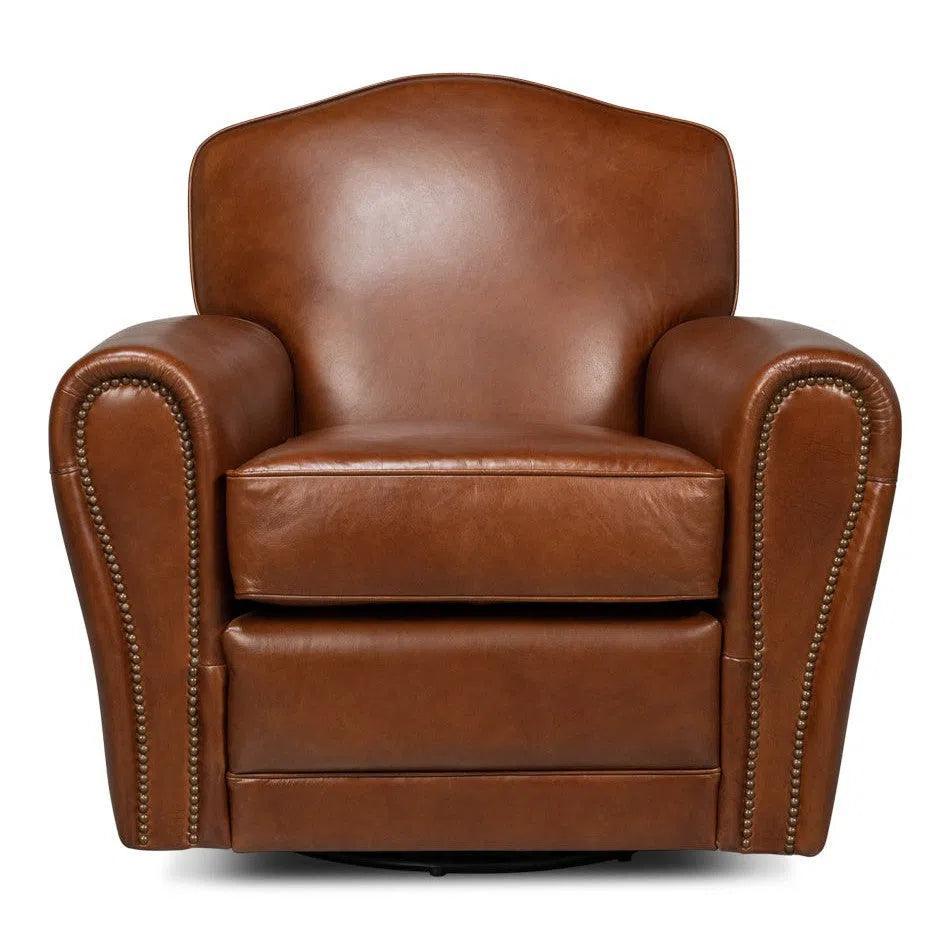Elite French Swivel Brown Leather Club Chair - LOOMLAN - Sarreid - Club Chairs