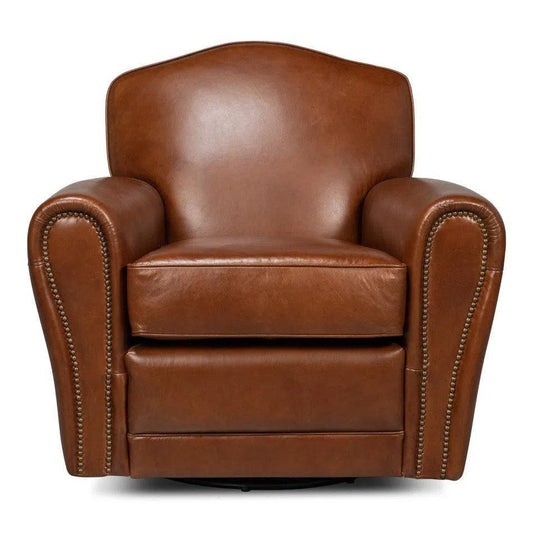 Elite French Swivel Brown Leather Club Chair - LOOMLAN - Sarreid - Club Chairs
