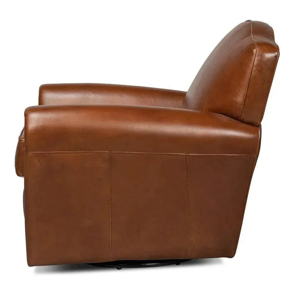 Elite French Swivel Brown Leather Club Chair - LOOMLAN - Sarreid - Club Chairs