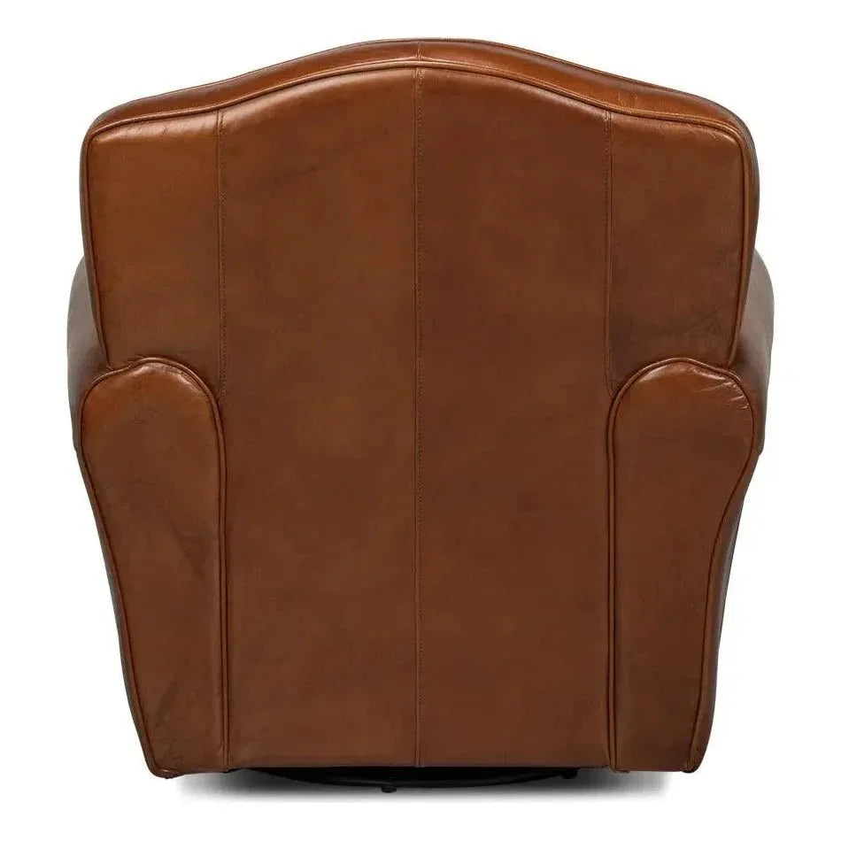 Elite French Swivel Brown Leather Club Chair - LOOMLAN - Sarreid - Club Chairs