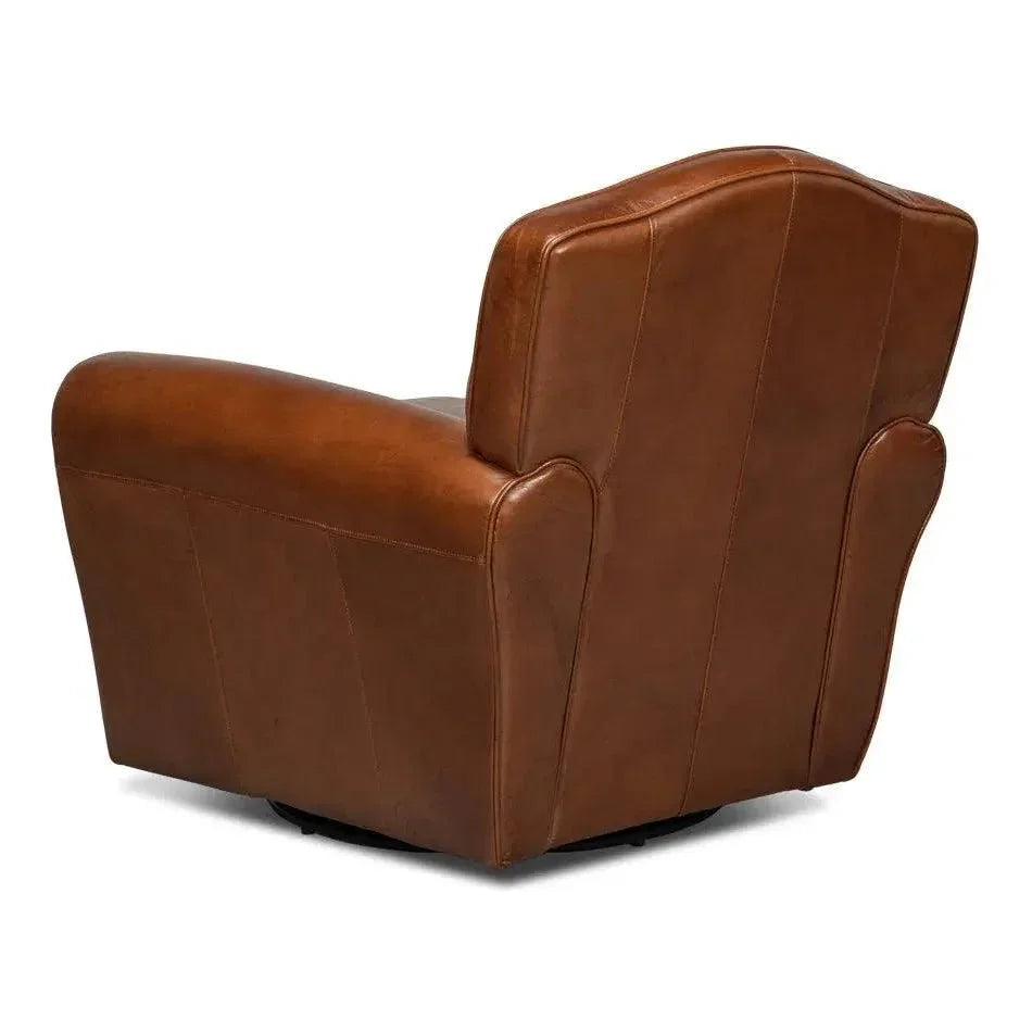 Elite French Swivel Brown Leather Club Chair - LOOMLAN - Sarreid - Club Chairs