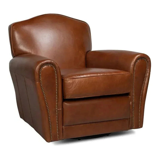 Elite French Swivel Brown Leather Club Chair - LOOMLAN - Sarreid - Club Chairs