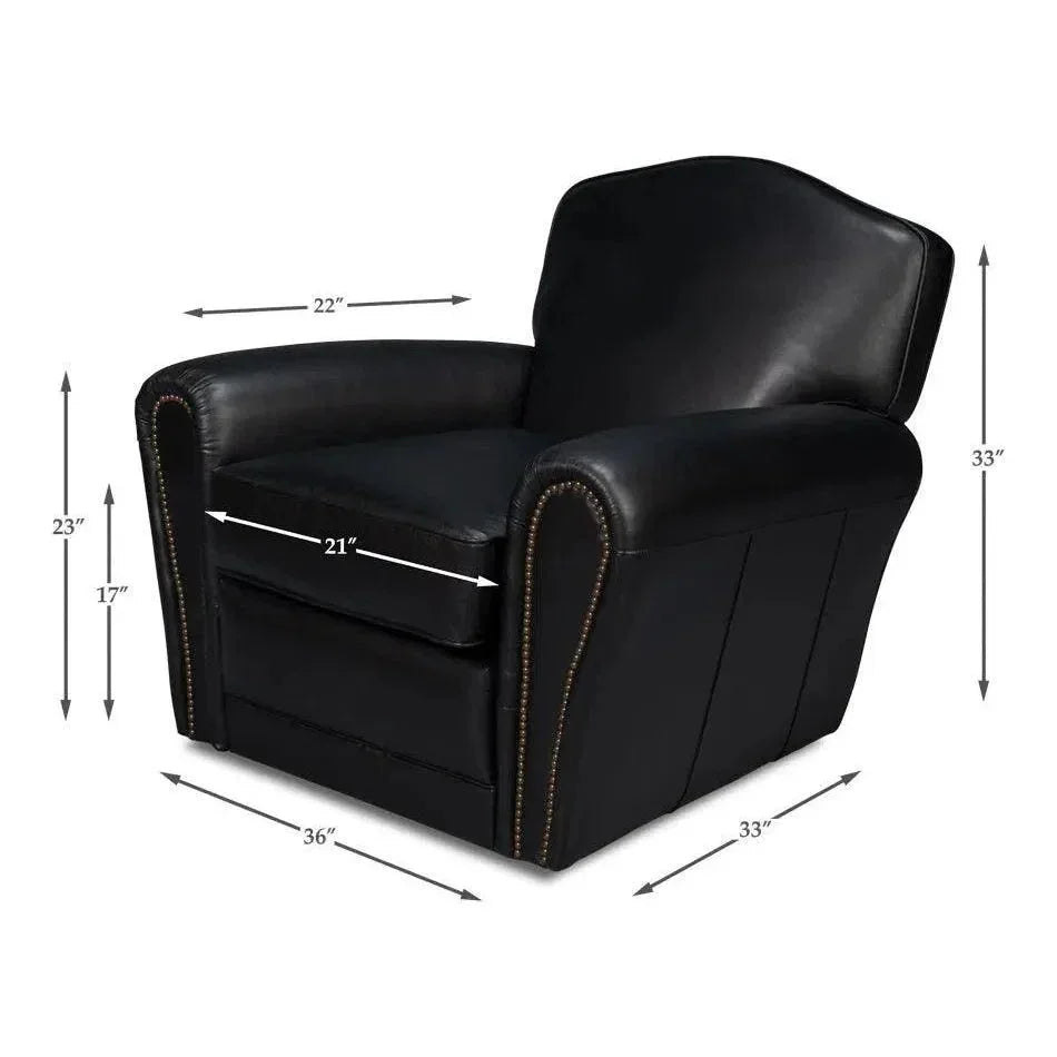 Elite Leather Black French Club Swivel Arm Chair - LOOMLAN - Sarreid - Club Chairs