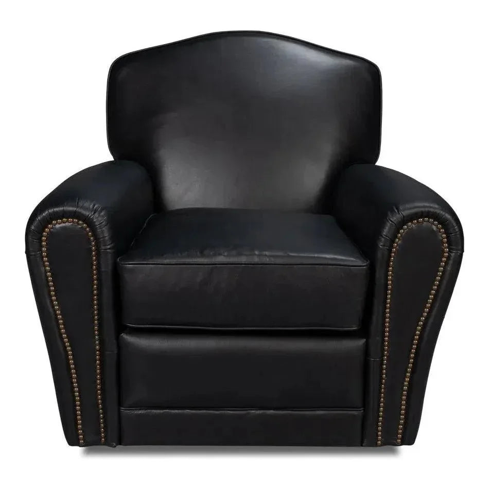 Elite Leather Black French Club Swivel Arm Chair - LOOMLAN - Sarreid - Club Chairs