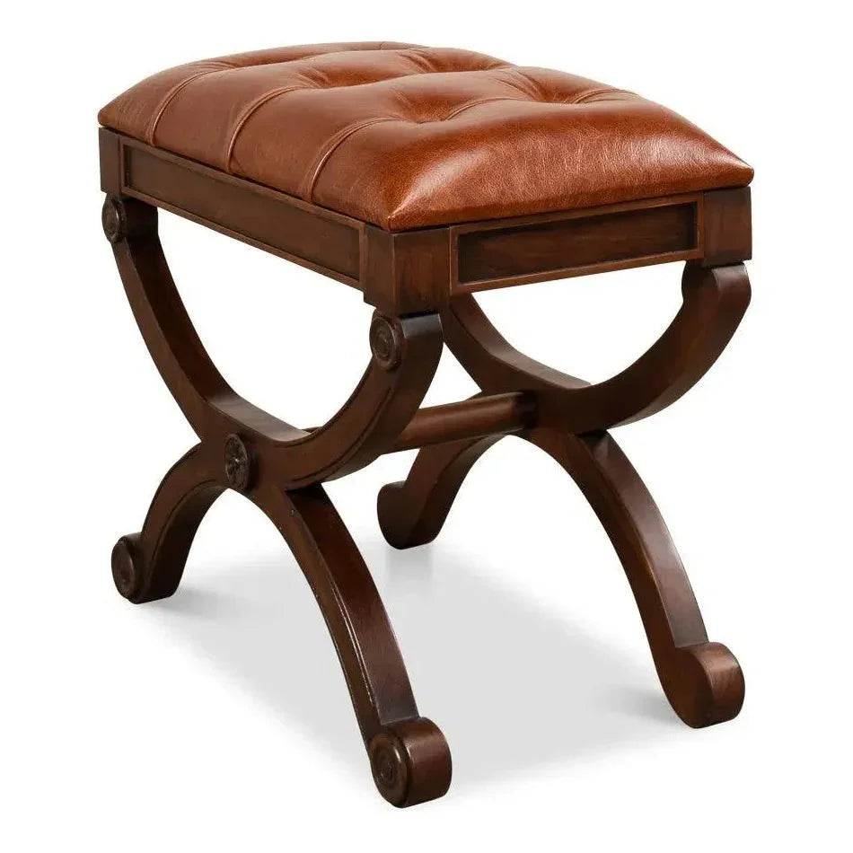 Empire Stool With Leather - LOOMLAN - Sarreid - Poufs and Stools