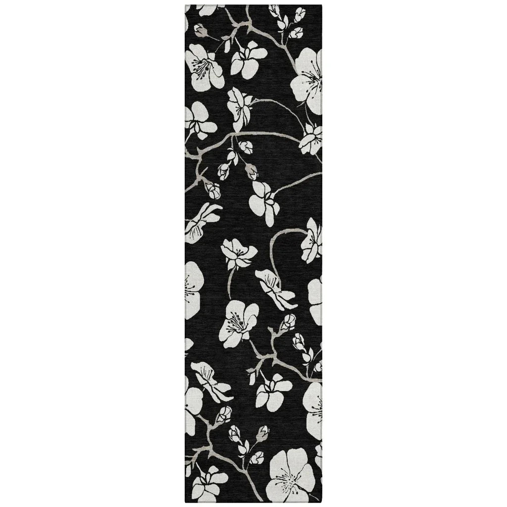 Ensa Black Washable Indoor-Outdoor Rug-Outdoor Rugs-LOOMLAN Rugs-2'3" x 7'6"-LOOMLAN