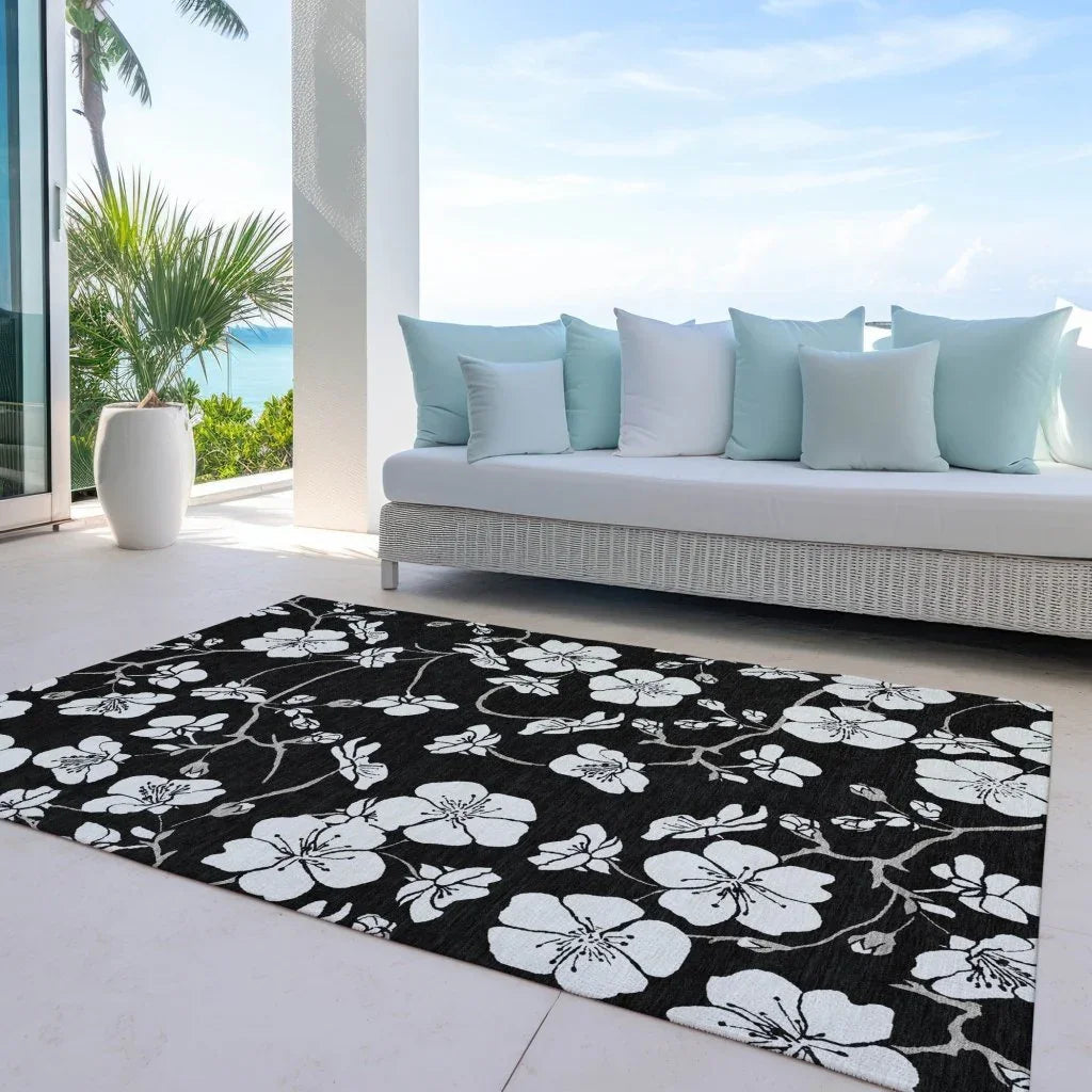 Ensa Black Washable Indoor-Outdoor Rug-Outdoor Rugs-LOOMLAN Rugs-LOOMLAN