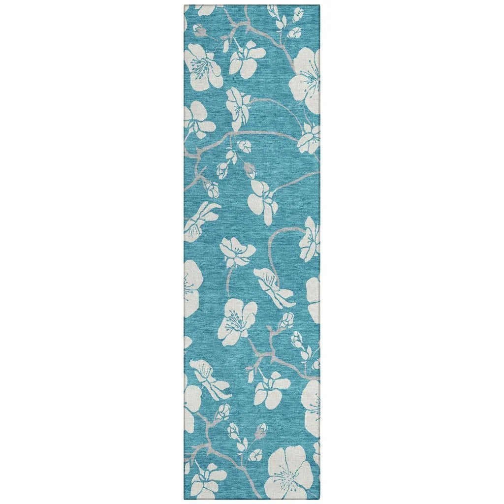 Ensa Teal Washable Indoor-Outdoor Rug-Outdoor Rugs-LOOMLAN Rugs-2'3" x 7'6"-LOOMLAN