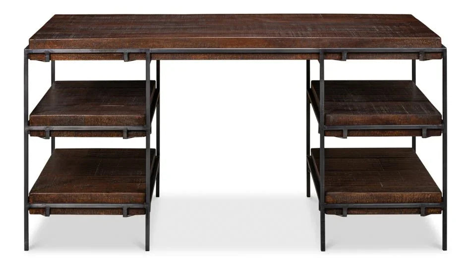 Ernest Iron Framed Brown Desk-Home Office Desks-Sarreid-LOOMLAN