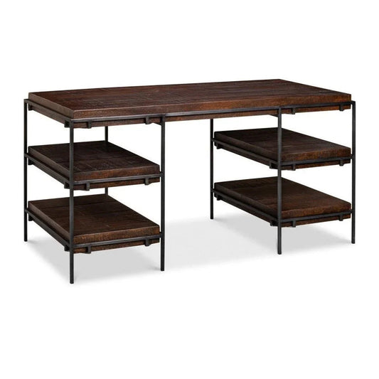 Ernest Iron Framed Brown Desk-Home Office Desks-Sarreid-LOOMLAN