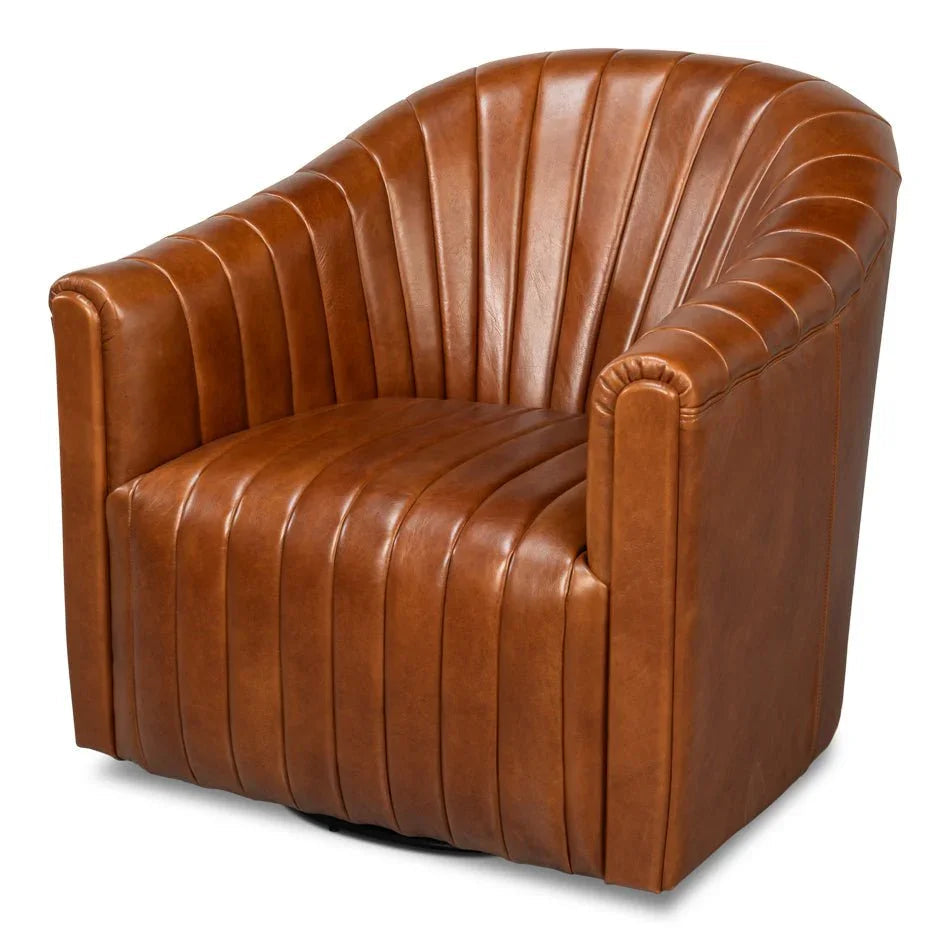 Essex Havana Brown Leather Swivel Chair - LOOMLAN - Sarreid - Club Chairs