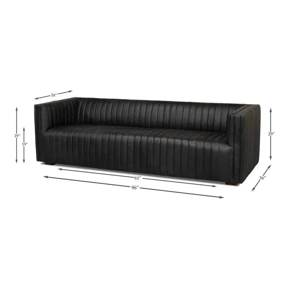 Everett Sofa Channel Black Leather Couch - LOOMLAN - Sarreid - Sofas & Loveseats