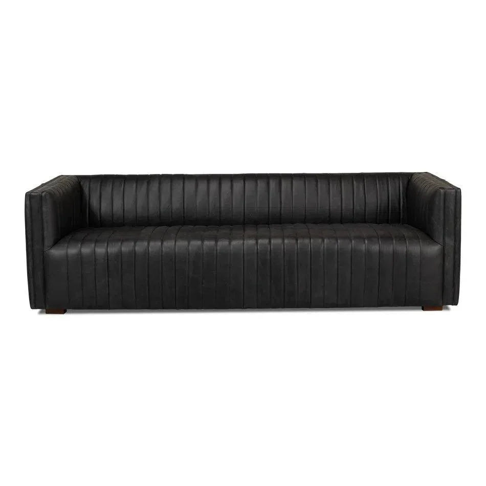 Everett Sofa Channel Black Leather Couch - LOOMLAN - Sarreid - Sofas & Loveseats